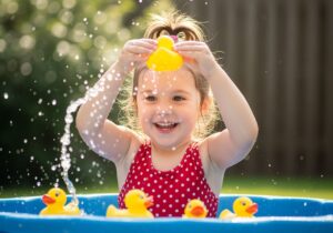 Girl in red suimsuit playing with rubber ducks