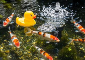 Rubber duck in koi pond