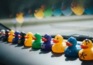 row of rubber ducks on dashboard